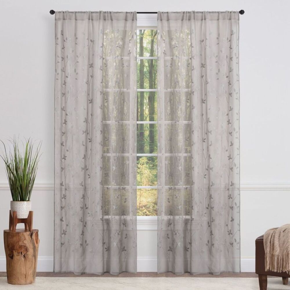 Chanasya -  2pk Embroidered Vine Sheer Window Curtain Taupe
